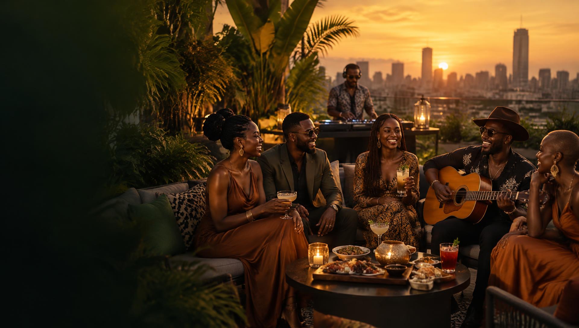 Friends laughing over food and live guitar on a Nairobi rooftop at sunset