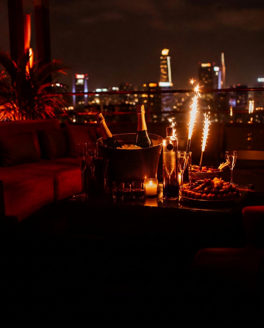 A VIP table on a rooftop at night