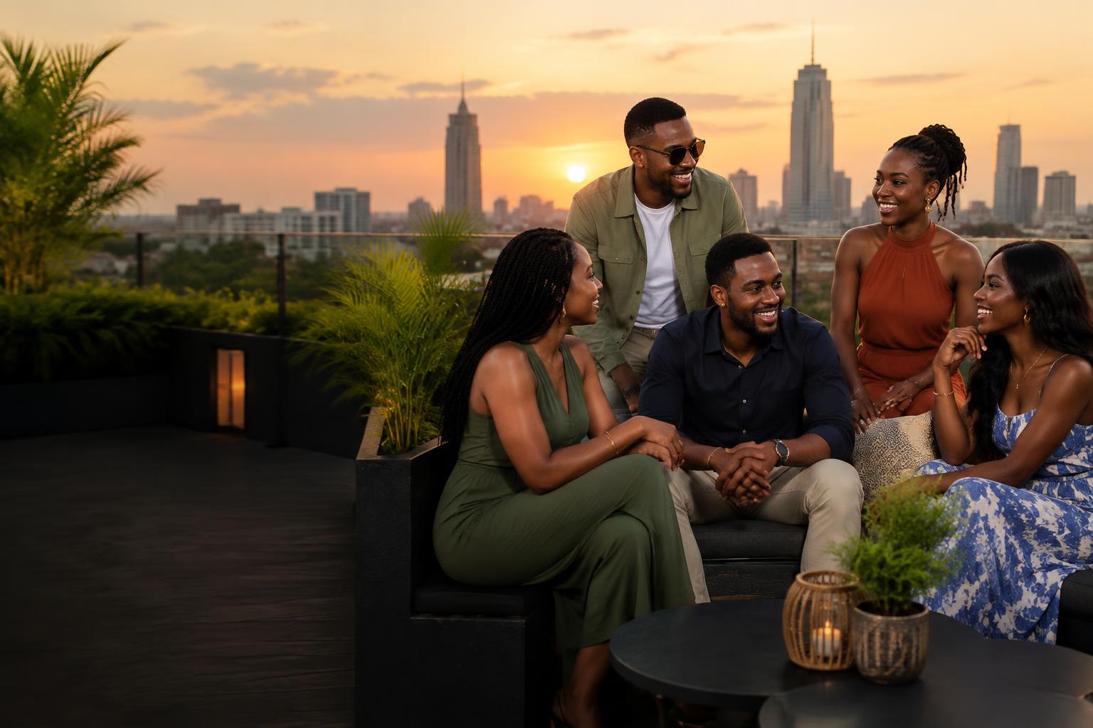 Friends sharing a sunset on a Nairobi-inspired rooftop